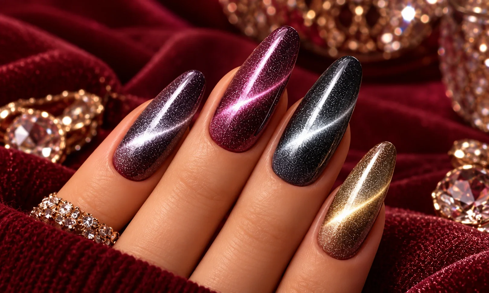 Velvet cat eye nails with soft magnetic shimmer.
