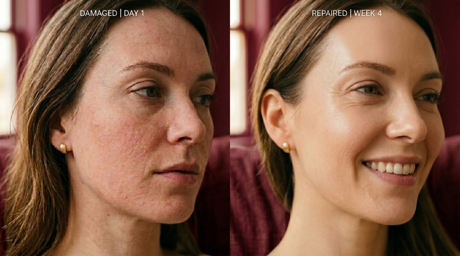 Before and after split face comparison showing damaged skin on day 1 versus repaired healthy glowing skin barrier on week 4