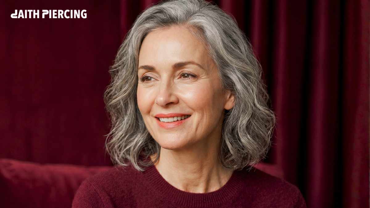 A radiant silver-haired mature model smiling against a deep burgundy backdrop with the Daith Piercing corporate logo