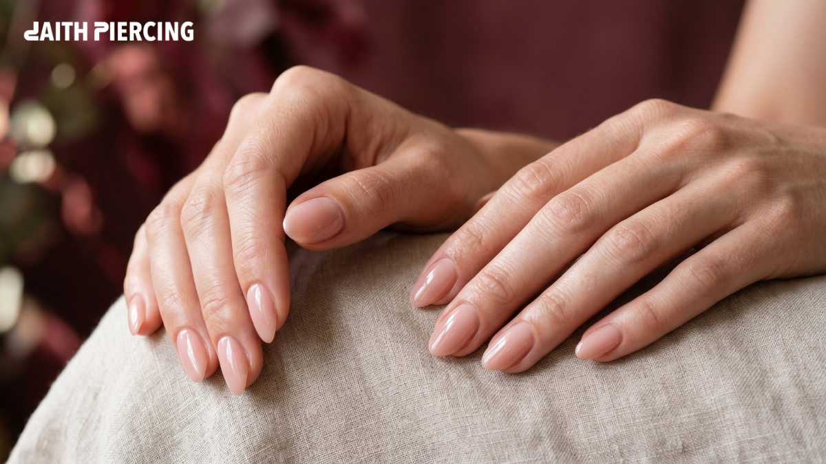A close-up view of a woman's hands displaying a fresh glossy pink almond manicure with the Daith Piercing brand logo