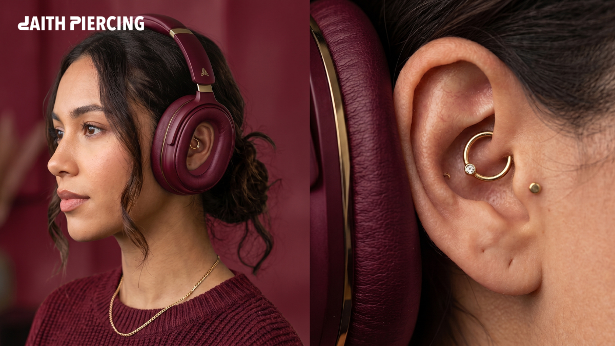 A woman wearing over-ear headphones alongside a close-up shot of a healed daith piercing ring.