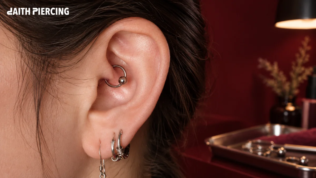 how soon can you change daith piercing showing healed ear cartilage with captive bead ring