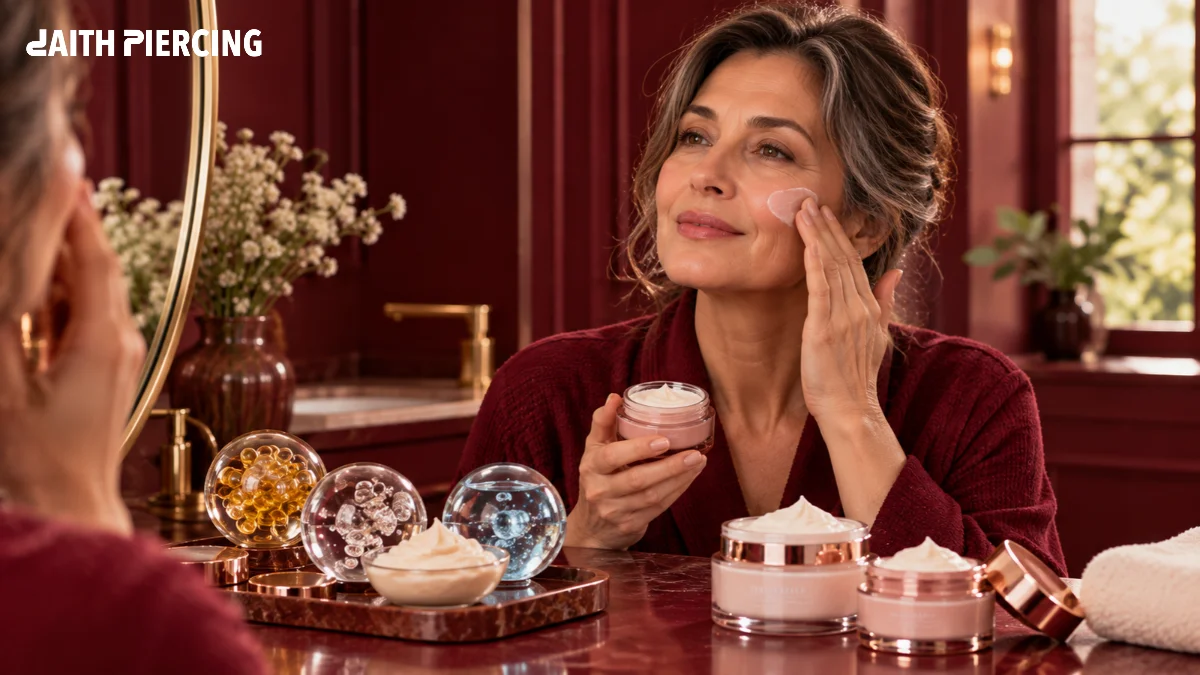 Applying facial moisturizer cream during skincare routine